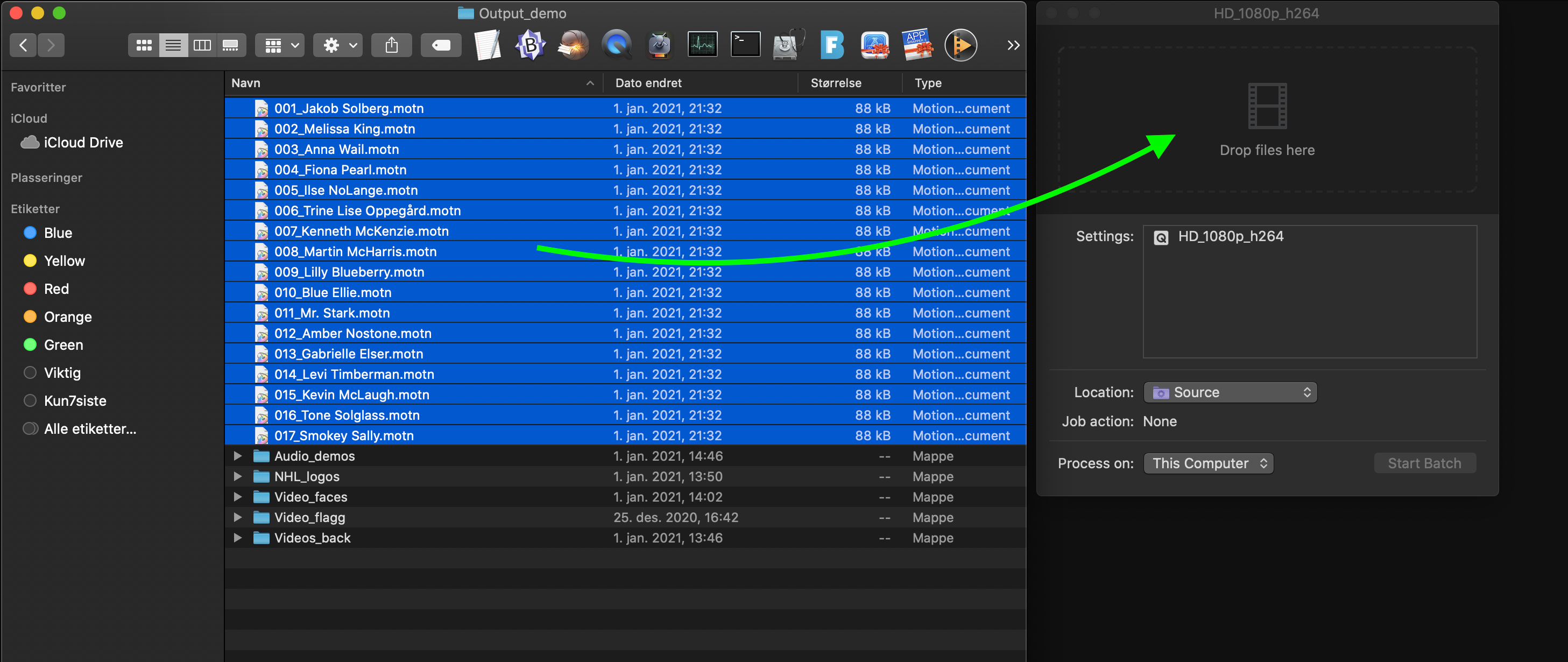 All selected motn files ready to drop into a droplet