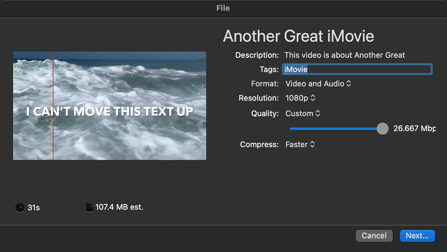 imovie custom quality